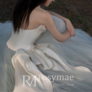 Light Green Long Gown Ruched Satin Tulle Homecoming Dress