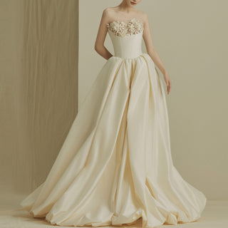Strapless Sheer Satin A-line Wedding Dress Top with Flowers