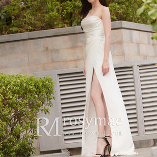Simple Sleek Satin Wedding Dress with Sexy Leg Slit for Women