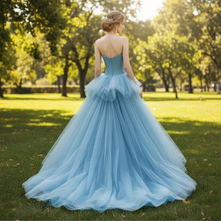 Strapless Sky Blue Ball Gown Evening Dress Prom Party Gown - Rosymae
