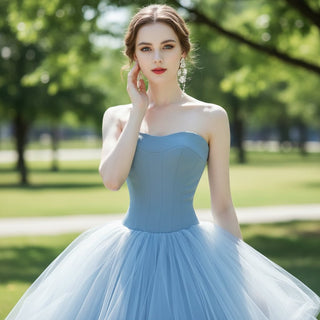 Strapless Sky Blue Ball Gown Evening Dress Prom Party Gown - Rosymae