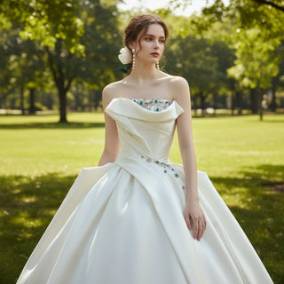 Strapless Straight Neck Ruched Satin Bridal Wedding Dress Ball Gown - Rosymae