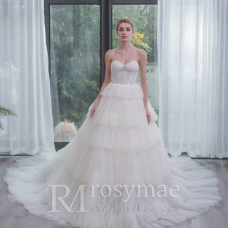 Strapless Sweetheart Ball Gown Layered Tulle Skirt Wedding Dress - Rosymae