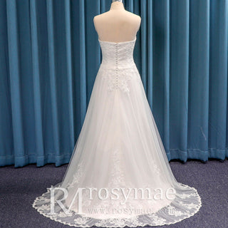 Elegant Strapless Lace Tulle Bridal Gown Wedding Dress Sweetheart Neck
