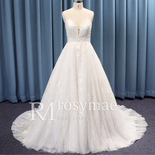 Strapless V-neck Ball Gown Floral Lace Tulle Wedding Dress