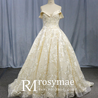 Stylish Off The Shoulder Champagne Wedding Dresses For Brides - Rosymae