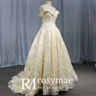 Stylish Off The Shoulder Champagne Wedding Dresses For Brides - Rosymae