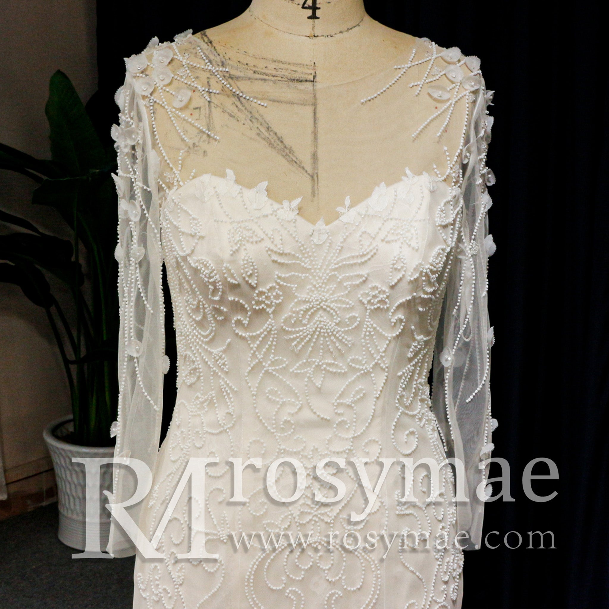 Sweetheart Covered Tulle Long Sleeve Mermaid & Trumpet Wedding Dress - Rosymae