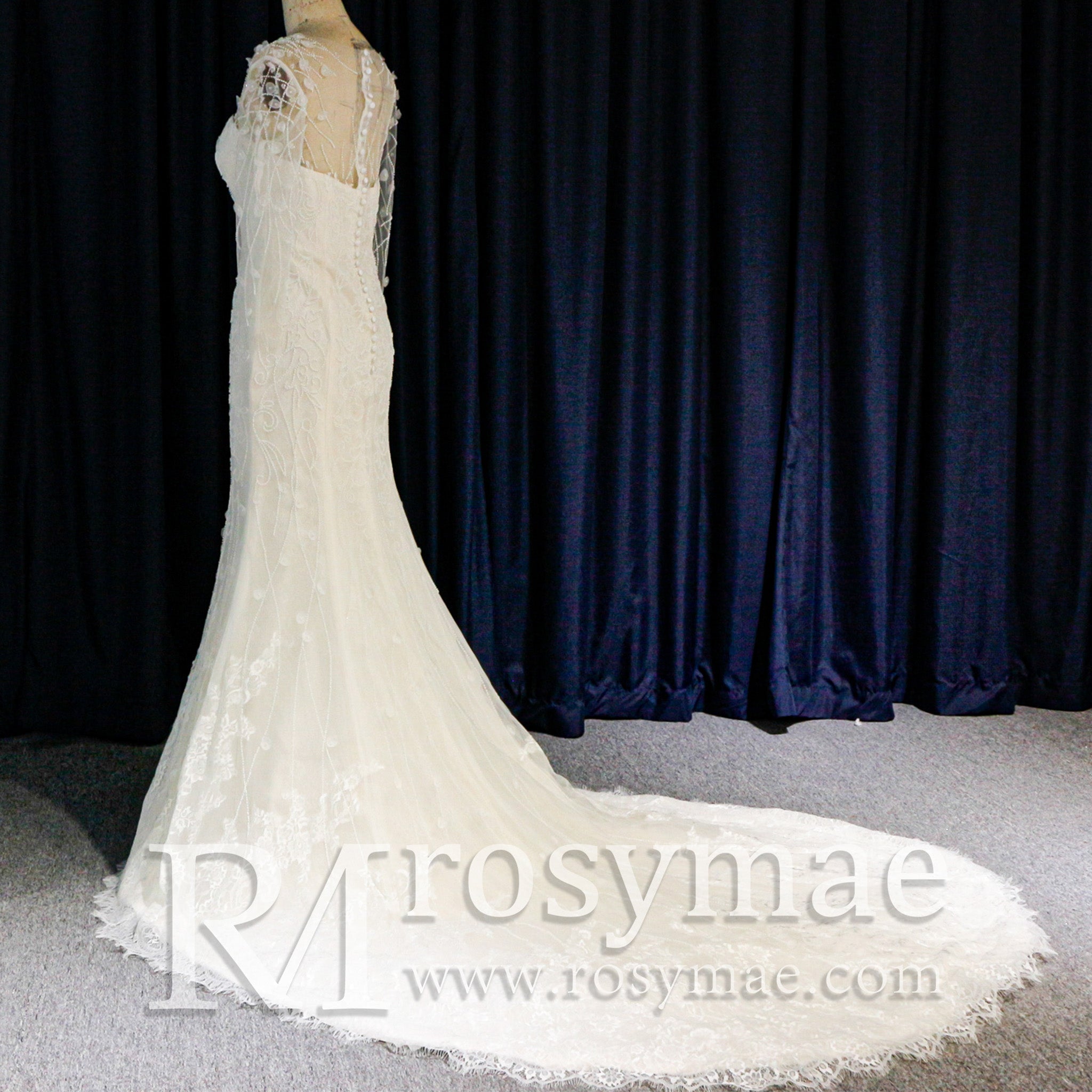 Sweetheart Covered Tulle Long Sleeve Mermaid & Trumpet Wedding Dress - Rosymae