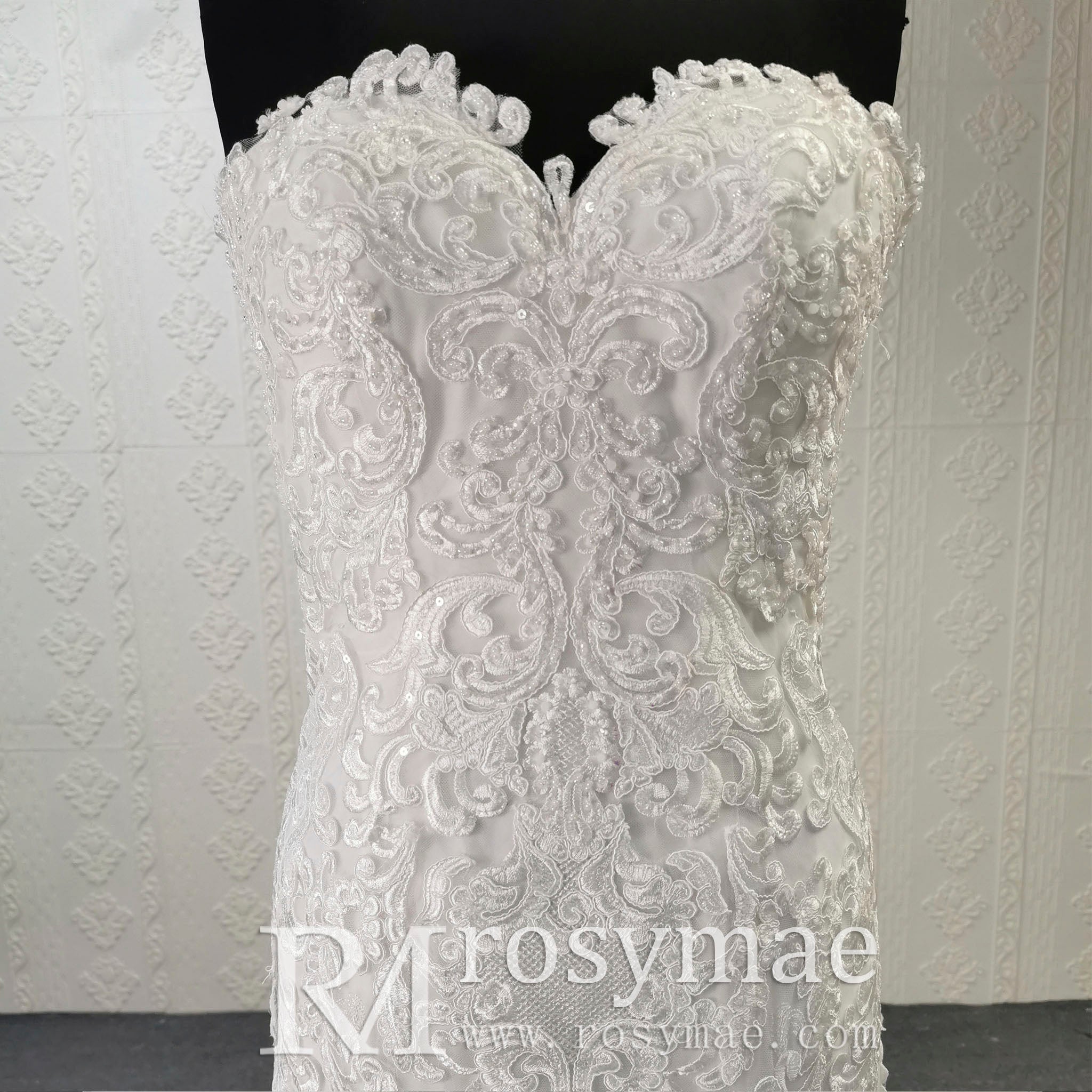 Sweetheart Lace Mermaid Wedding Gown with Detachable Tulle Overskirt - Rosymae