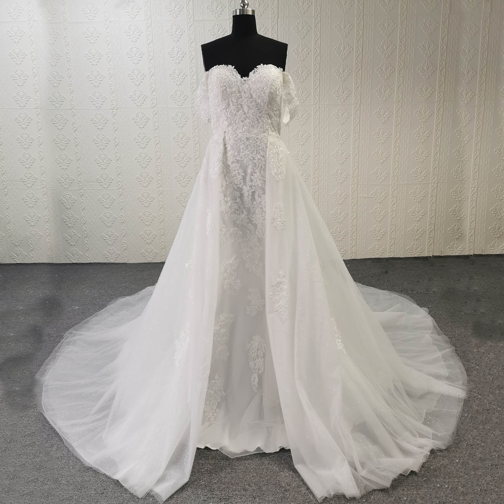 Sweetheart Lace Mermaid Wedding Gown with Detachable Tulle Overskirt - Rosymae
