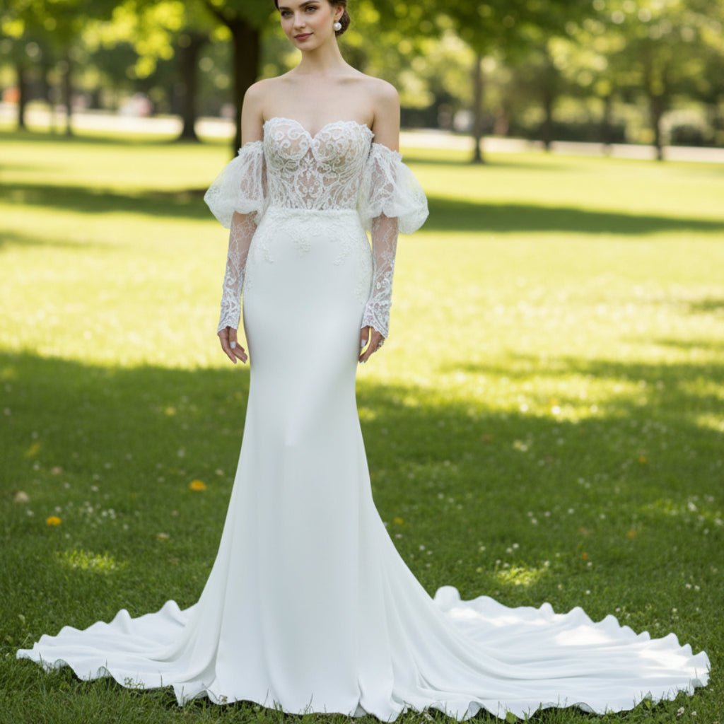 Sweetheart Mermaid Satin Wedding Dress with Lantern Sleeve - Rosymae
