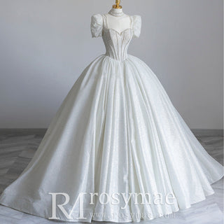 Queen-ann Neck Ball Gown Wedding Dress with Short Sleeve