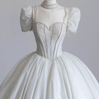 Queen-ann Neck Ball Gown Wedding Dress with Short Sleeve