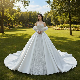 Sweetheart Neckline Satin Lace Ball Gown Bridal Wedding Dress - Rosymae