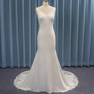 Low Open Back V-neck Simple Mermaid Satin Wedding Dress