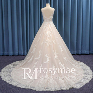 Modest Double V Tank Sleeve Tulle Lace Ballgown Wedding Dress