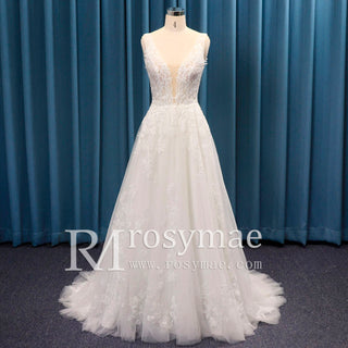 Sheer Bodice Deep Double V Tank Top Bridal Gown Wedding Dress