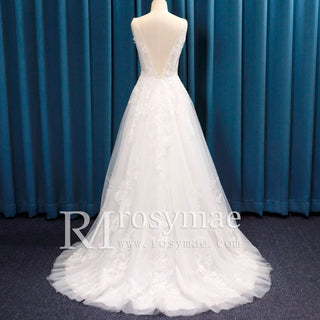 Sheer Bodice Deep Double V Tank Top Bridal Gown Wedding Dress