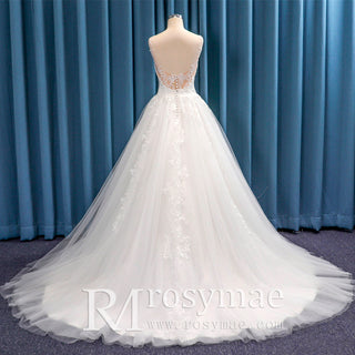 Deep V-neck Tank Strap Lace and Tulle A-line Wedding Dress