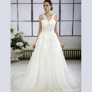 Sheer Bodice A-line Tulle Lace Bridal Wedding Dress with Tank Strap