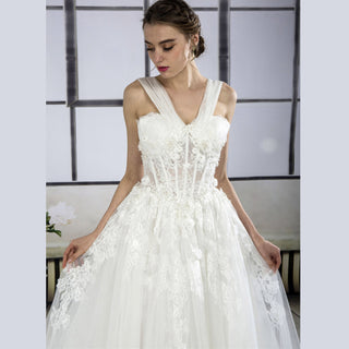 Sheer Bodice A-line Tulle Lace Bridal Wedding Dress with Tank Strap