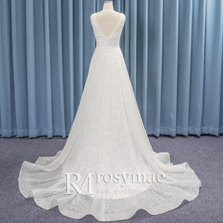 Deep V-neck Tank Top Bling Sparkly Sequin A-Line Wedding Dress