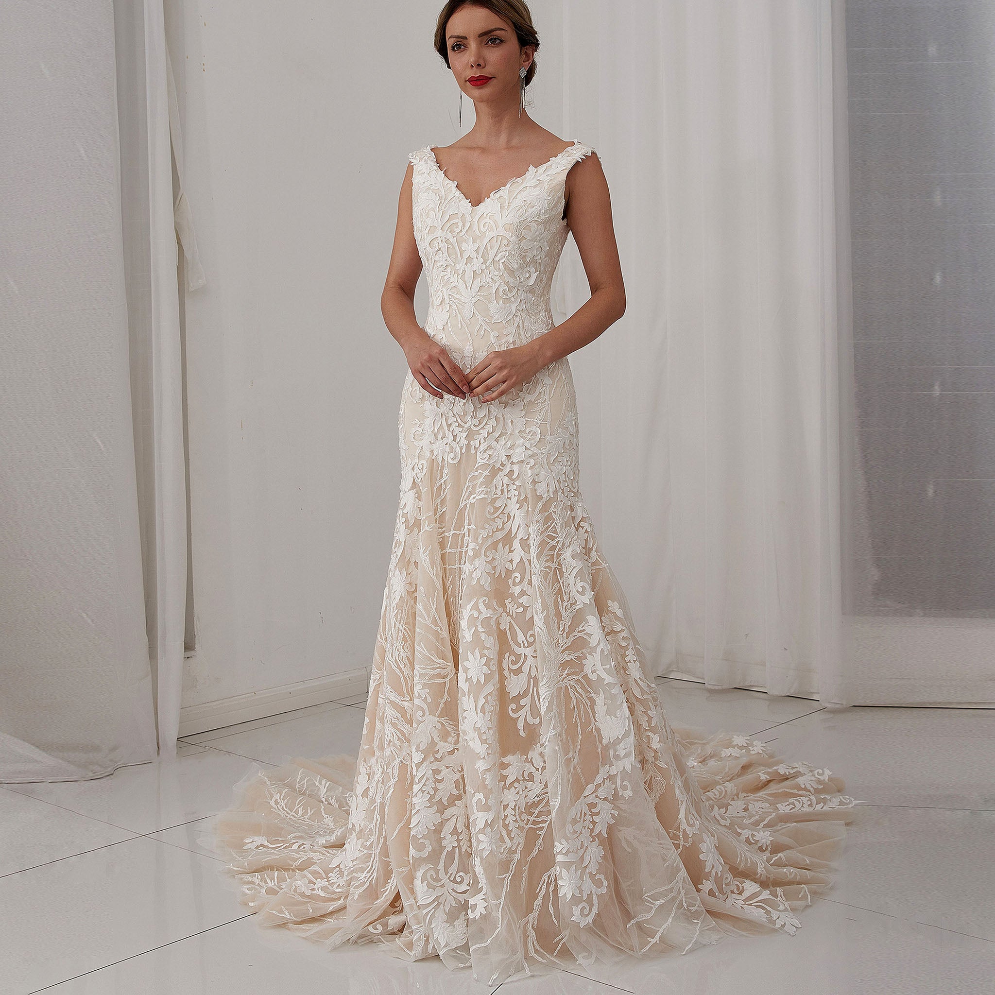 Double V Tank Top Floral Lace Fit Flare Bridal Gown Wedding Dress White / 10 Double V Tank Top Floral Lace Fit Flare Bridal Gown Wedding Dress White / 10