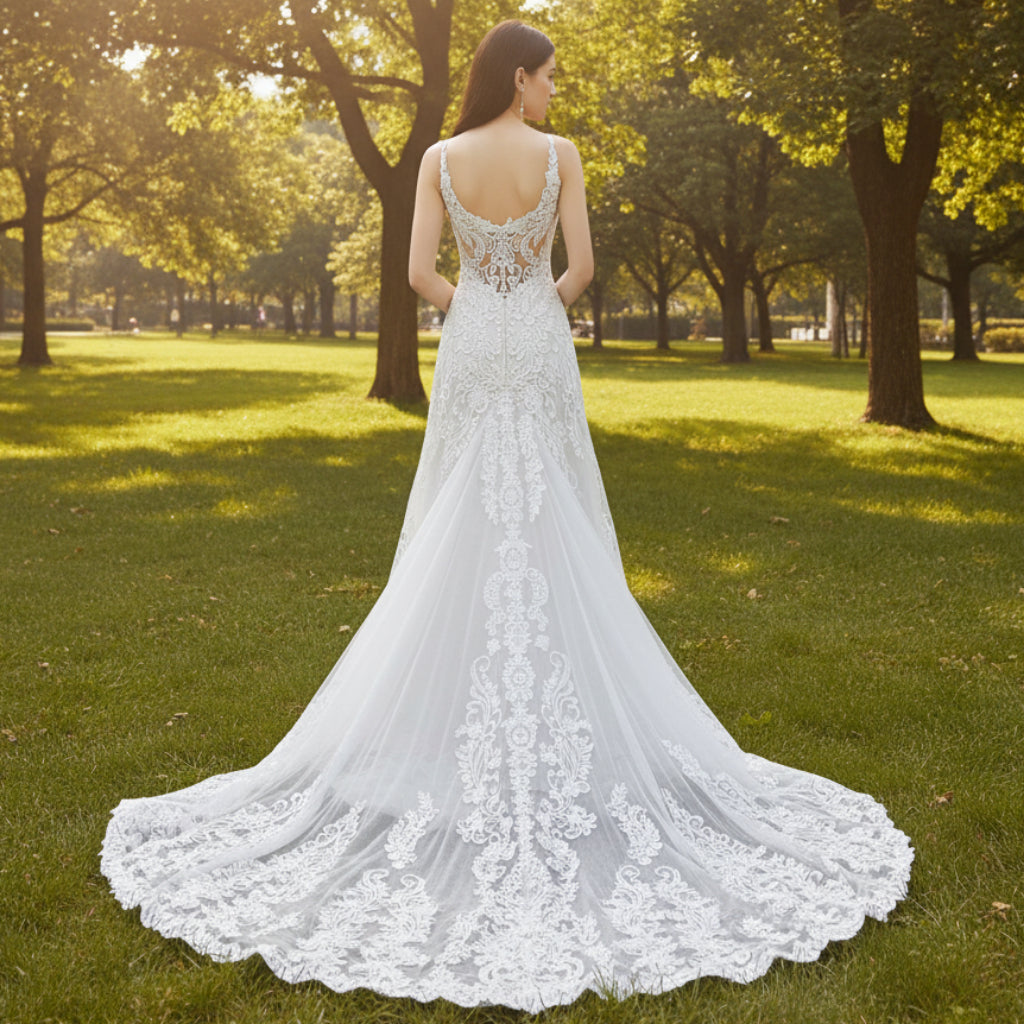 Tank Top V-Neck Lace Mermaid Wedding Dress with Sheer Bodice – Rosymae