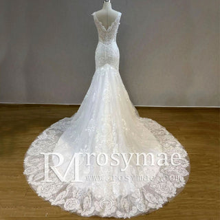 Tank Top Sleeve Tumpet Bridal Gown Lace Wedding Dress - Rosymae