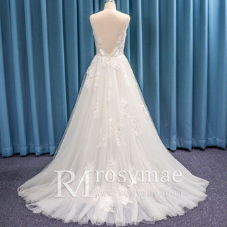 Top Tank Sleeve V-neck Tulle Lace A-line Bridal Wedding Dresses