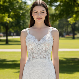 Tank Top V-Neck Lace Mermaid Wedding Dress with Sheer Bodice - Rosymae