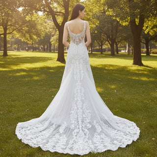 Tank Top V-Neck Lace Mermaid Wedding Dress with Sheer Bodice - Rosymae