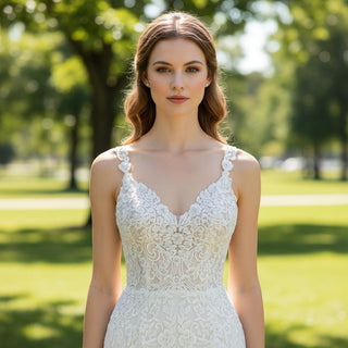 Tank V Neck Fitted Fit Flare Lace Wedding Dress with Open Back - Rosymae