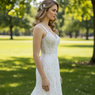 Tank V Neck Fitted Fit Flare Lace Wedding Dress with Open Back - Rosymae