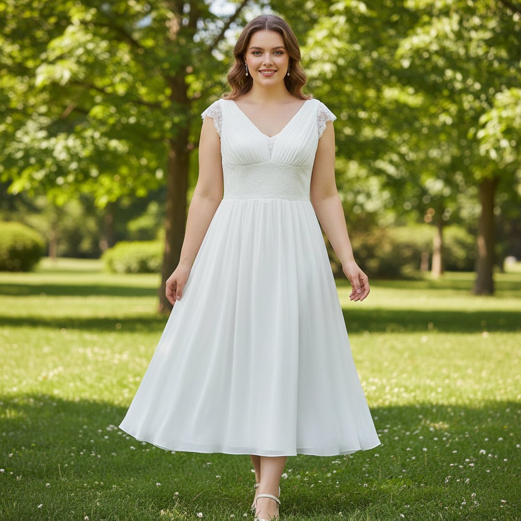 Tea Length Cap Sleeve Chiffon Plus Size Beach Wedding Dress – Rosymae