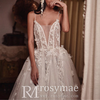 Low Open Back Floor Length Wedding Dress with Spaghetti Straps.