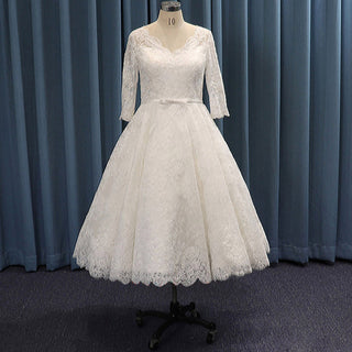 Tea Length Lace Ball Gown Wedding Dress with 3/4 Sleeves - Rosymae