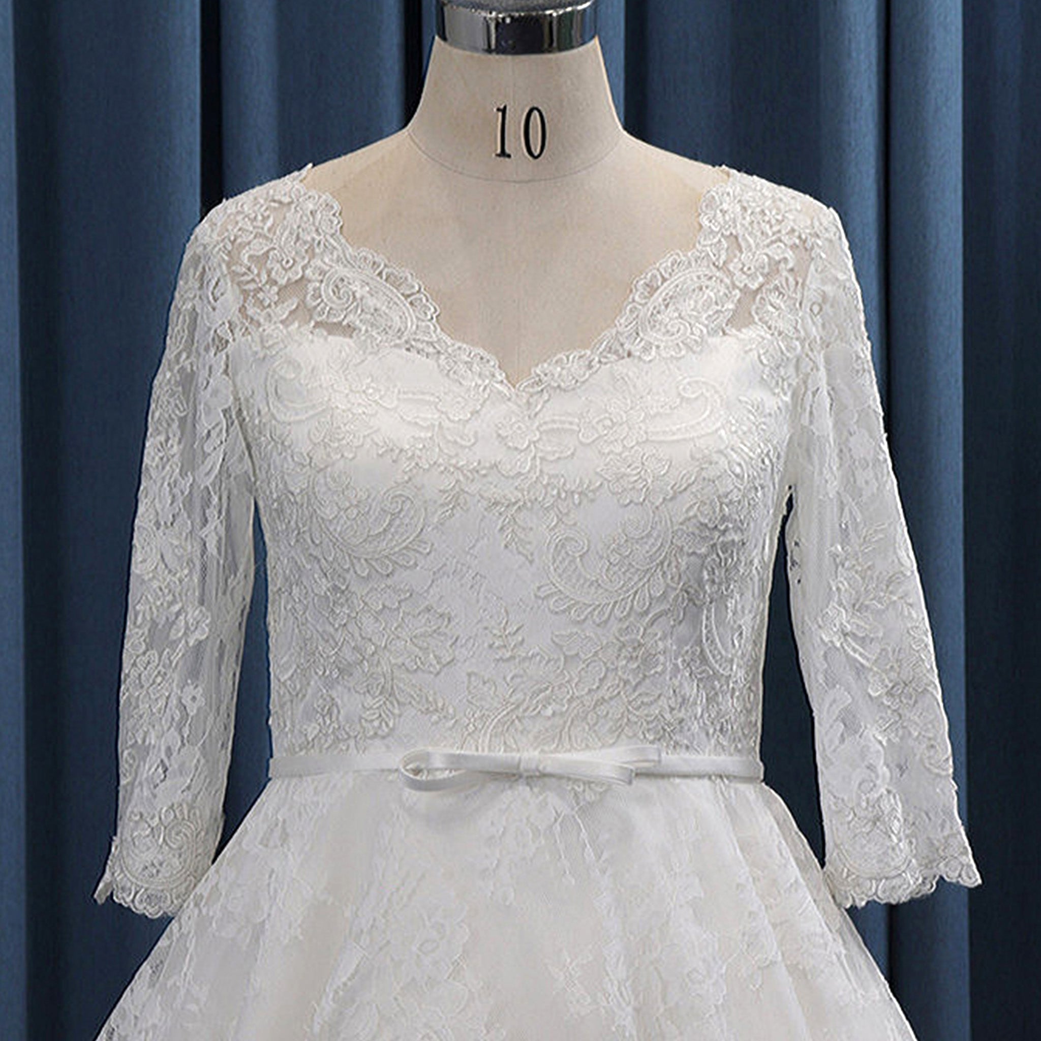 Tea Length Lace Ball Gown Wedding Dress with 3/4 Sleeves - Rosymae