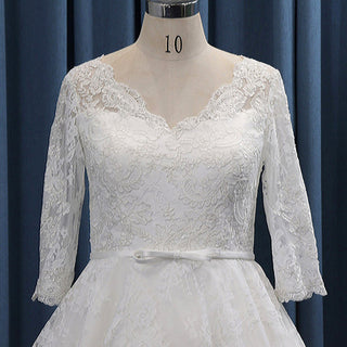 Tea Length Lace Ball Gown Wedding Dress with 3/4 Sleeves - Rosymae