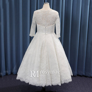 Tea Length Lace Ball Gown Wedding Dress with 3/4 Sleeves - Rosymae