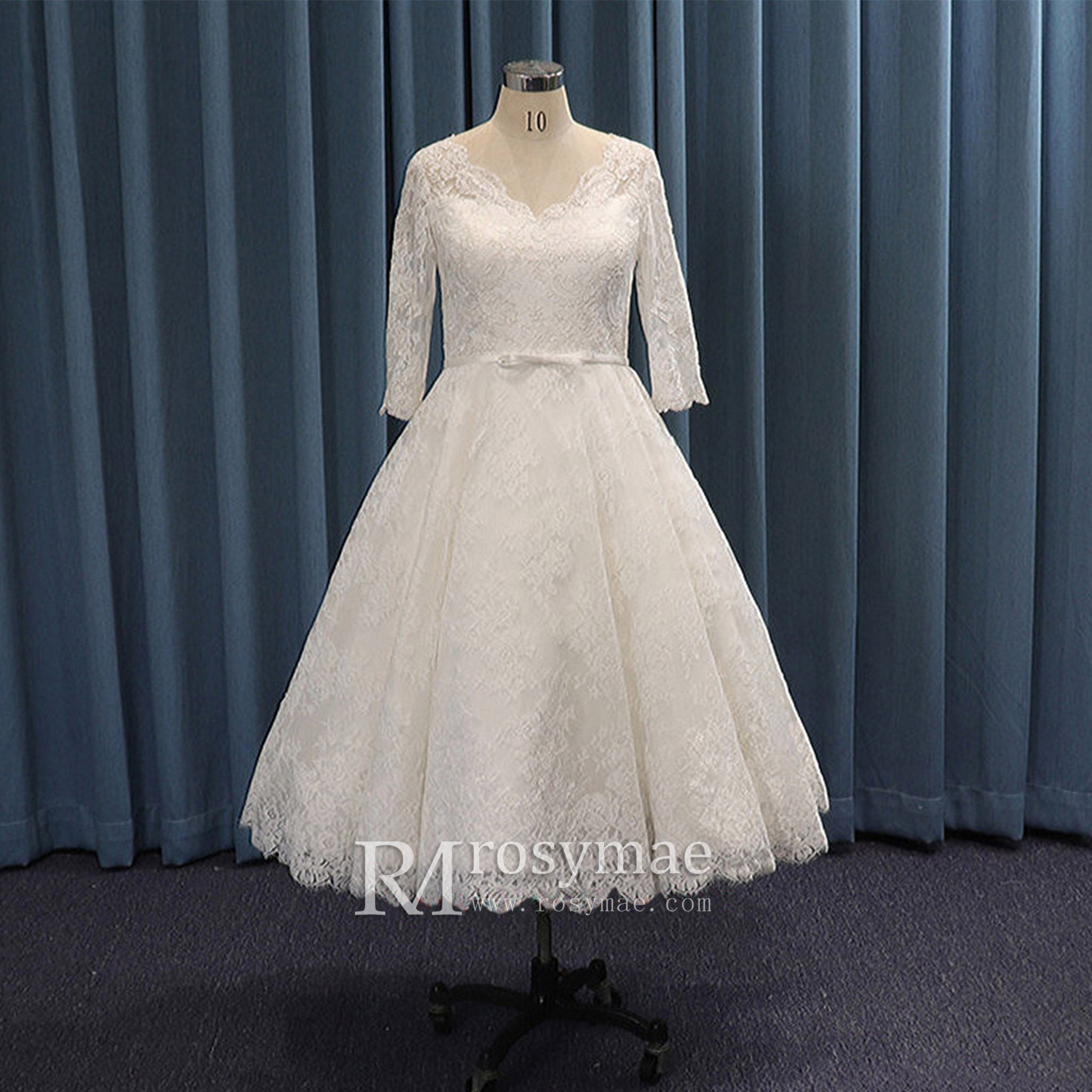 Tea Length Lace Ball Gown Wedding Dress with 3/4 Sleeves - Rosymae