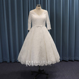 Tea Length Lace Ball Gown Wedding Dress with 3/4 Sleeves - Rosymae