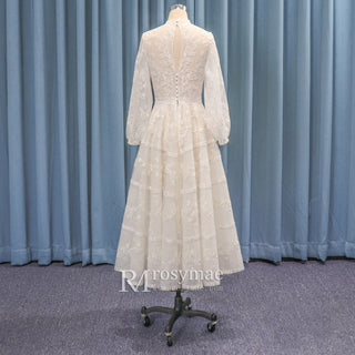 Vintage Lace O-neck Mid Calf Wedding Dress with Long Sleeve