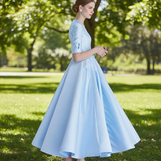 Tea Length Sky Blue Satin Wedding Dress with Half Sleeves - Rosymae