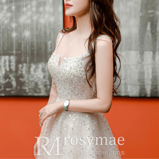 Sequined Tea Length Formal Gown Evening Party Dress for Women