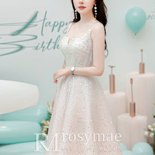 Sequined Tea Length Formal Gown Evening Party Dress for Women
