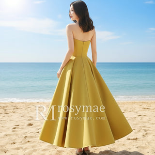 Straight Neckline Mid Calf Satin A-line Gold Wedding Dress Rosymae Straight Neckline Mid Calf Satin A-line Gold Wedding Dress Rosymae