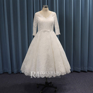 Tea Length Three Quarter Sleeve Ball Gown Lace Wedding Dress