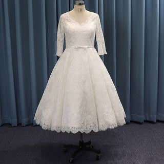 Tea Length Three Quarter Sleeve Ball Gown Lace Wedding Dress